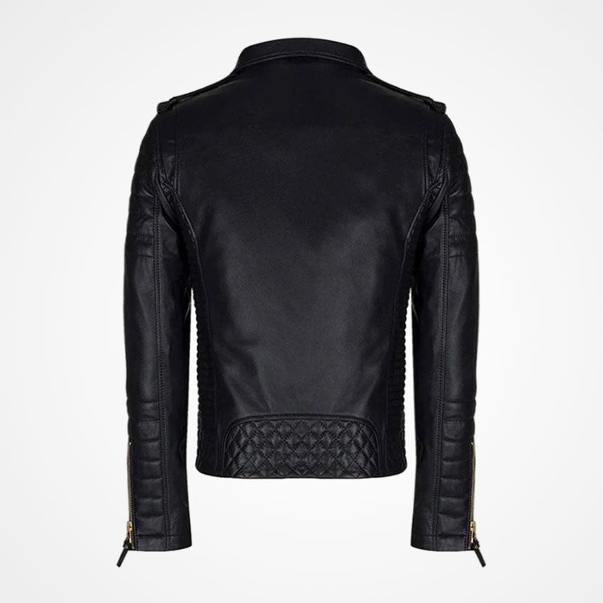 Men’s Black Leather Biker Jacket With Gold Zippers