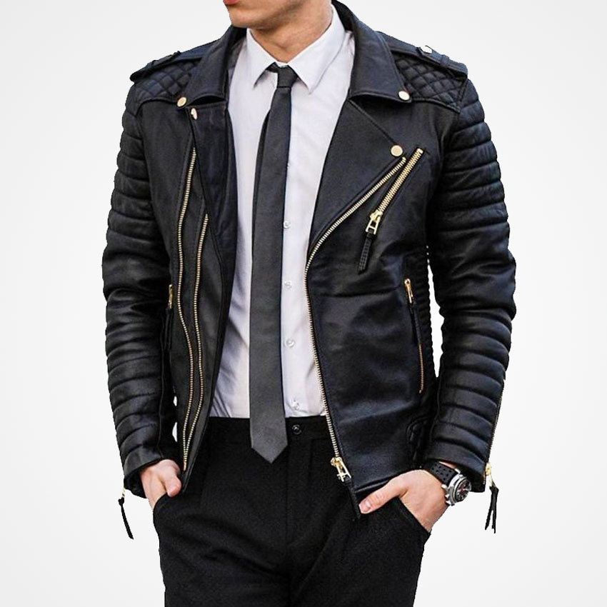 Men’s Black Leather Biker Jacket With Gold Zippers