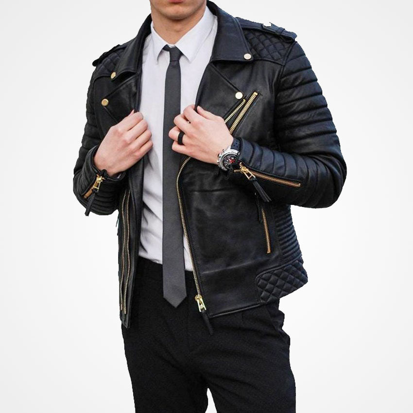 Men’s Black Leather Biker Jacket With Gold Zippers