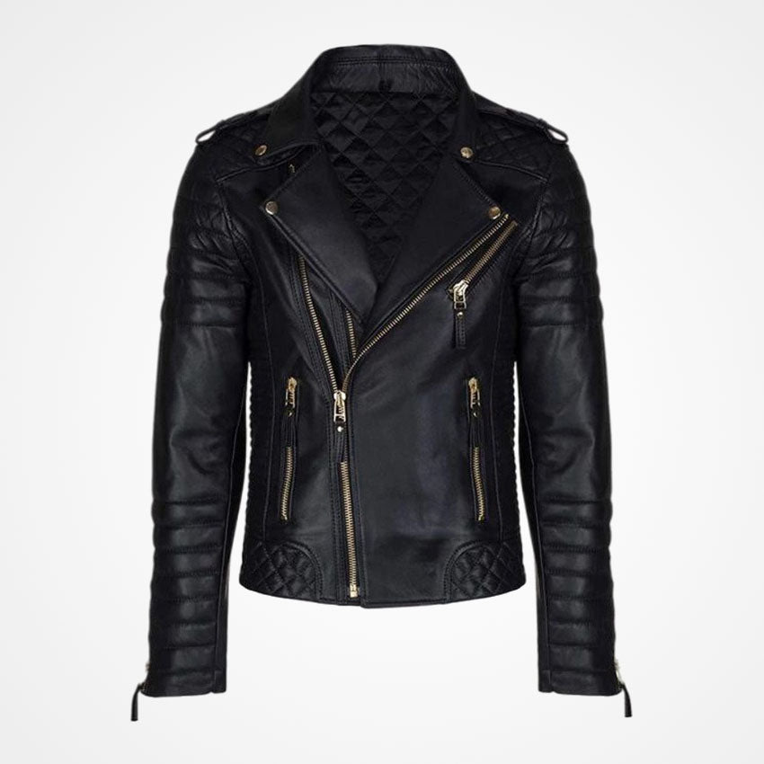 Men’s Black Leather Biker Jacket With Gold Zippers