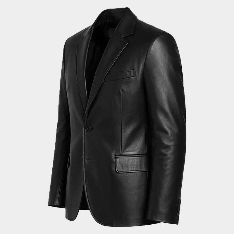 Mens Black Lambskin Leather Blazer Two Button Slim Fit Jacket