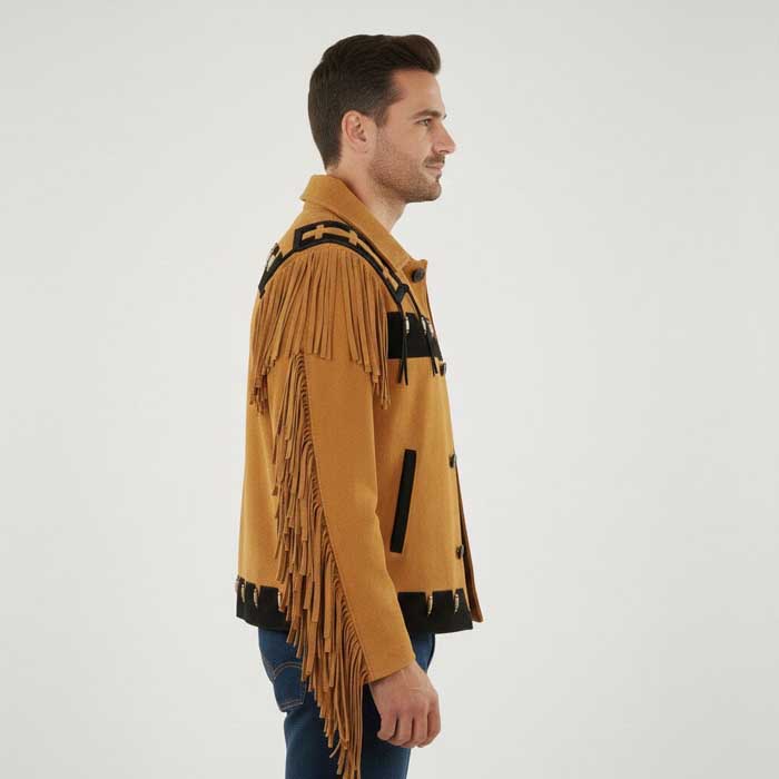 Men's Western suede jacket with flowing fringe along the sleeves