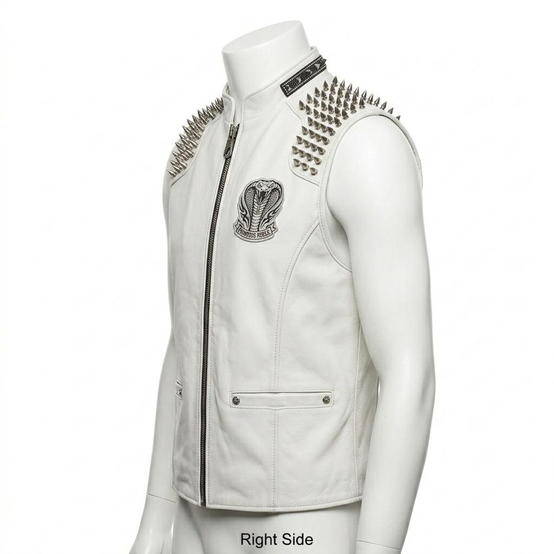Side profile of white gothic style leather biker vest