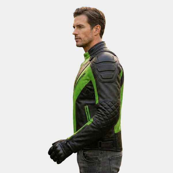 Men Green and Black Leather Motorcycle Jacket Quilted Armored Moto Coat