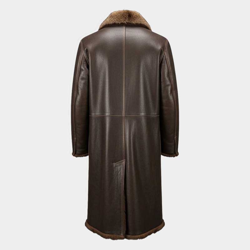 Back view of long mens leather trench coat