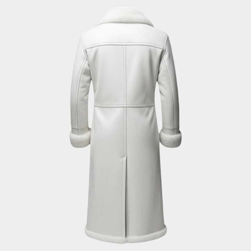 Back view of long white leather trench coat for men
