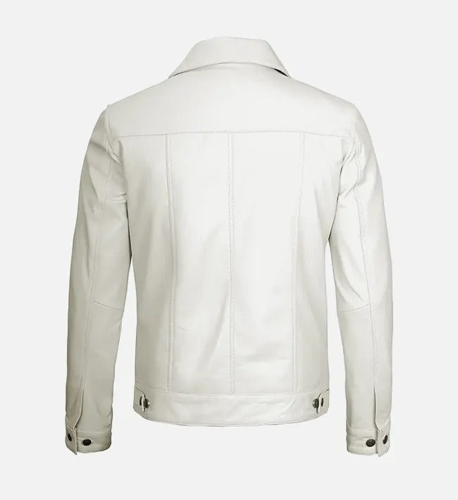 Off-white men's leather jacket with a classic trucker silhouette