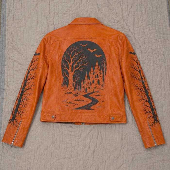 Gothic men's Halloween biker jacket with pumpkin and bat graphics