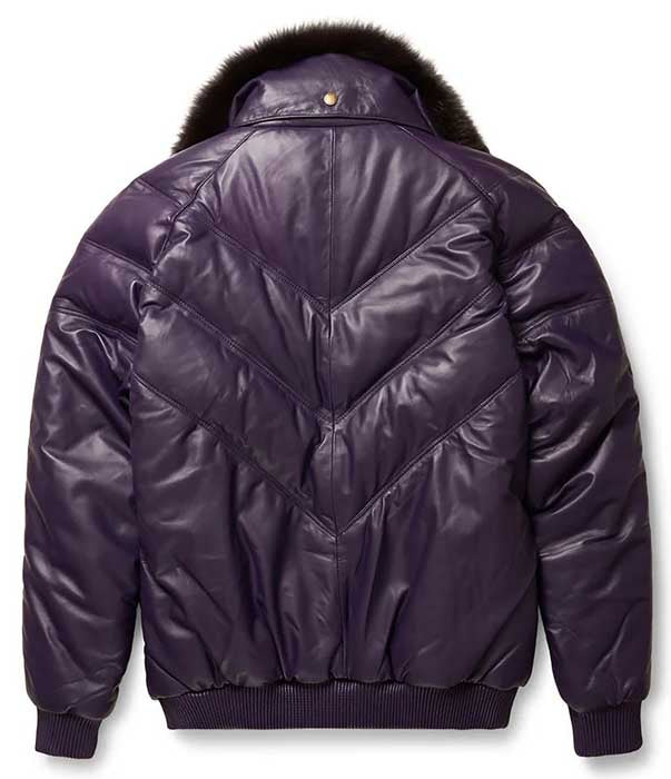 Men's purple sheepskin V-bomber jacket for winter and cold weather