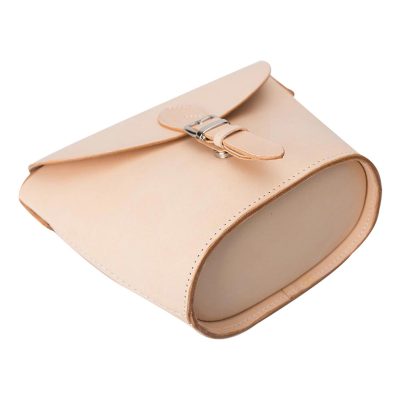 Beige leather clutch bag with a buckle on a white background