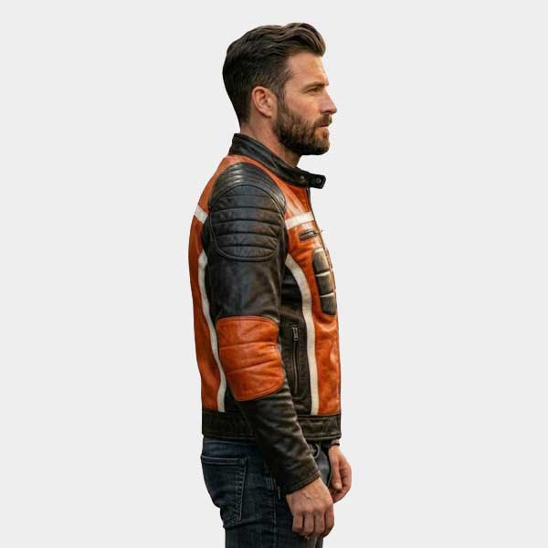 Men Orange and Black Leather Biker Jacket Quilted Retro Moto Racing Style