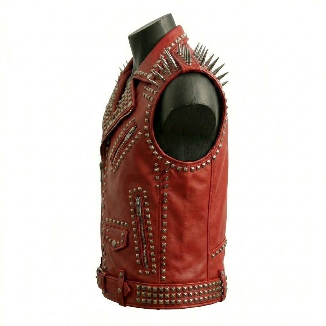 Side profile of men goth studded leather waistcoat in black