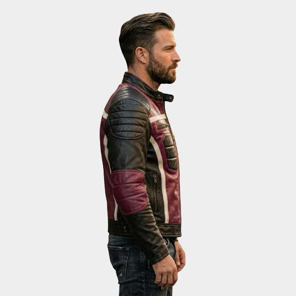 Men Purple and Black Leather Biker Jacket Quilted Retro Moto Racing Style