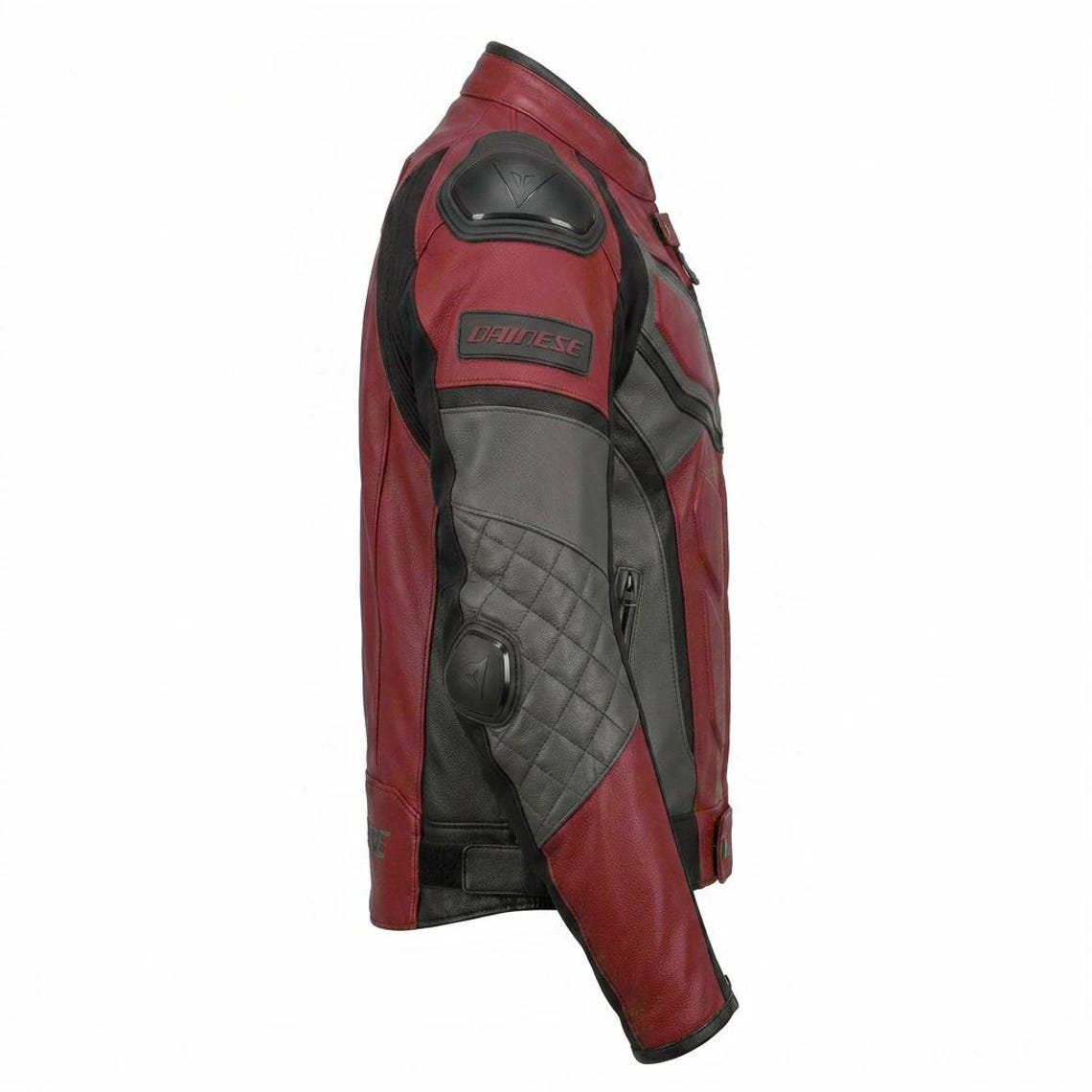 Side angle of red leather biker riding jacket for men