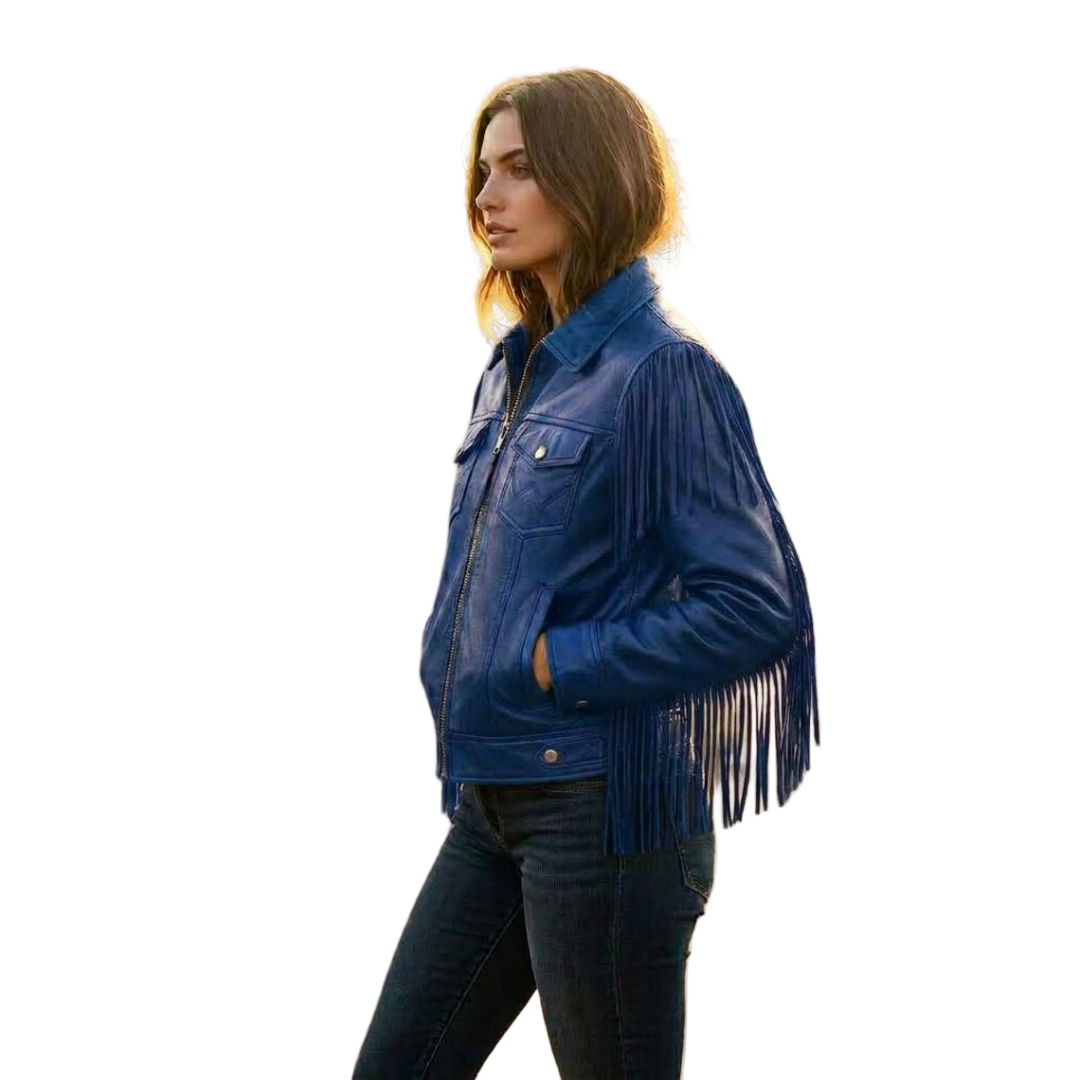 Side angle of blue fringe leather jacket with long western fringe