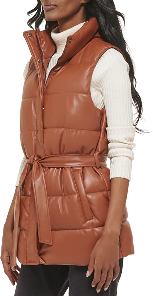 CocoaBelt™ Women's Quilted Leather Puffer Vest in Chocolate Brown
