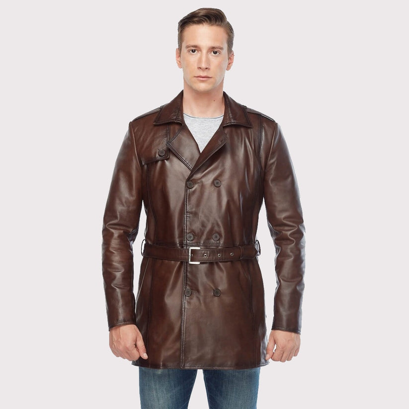 Men’s Vintage Brown Leather Trench Coat