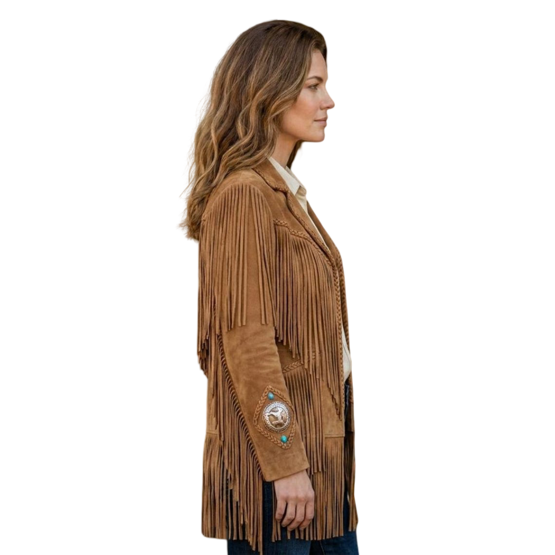 Side angle of women suede cowgirl fringe leather coat in camel brown