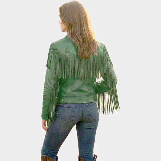 Women’s Green Leather Fringe Jacket Western Moto Style Women’s Green Leather Fringe Jacket Western Moto Style