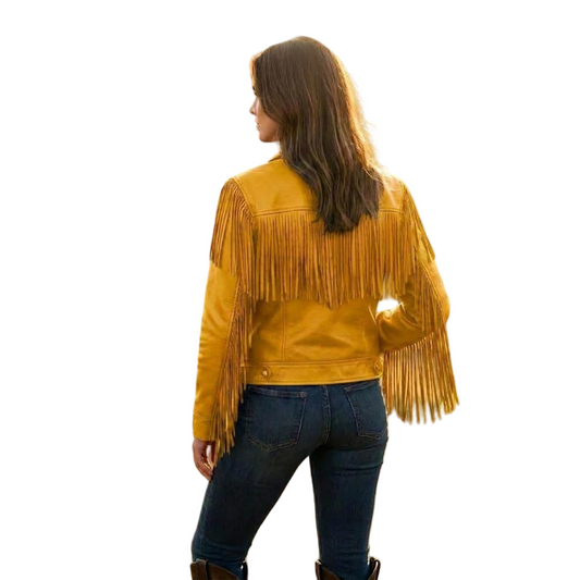 Women Yellow Fringe Leather Jacket Western Moto Style Back view of women western moto yellow leather jacket with fringe detail