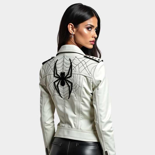Handmade White Leather Biker Jacket Women with Black Spider Web Design Handmade White Leather Biker Jacket Women with Black Spider Web Design