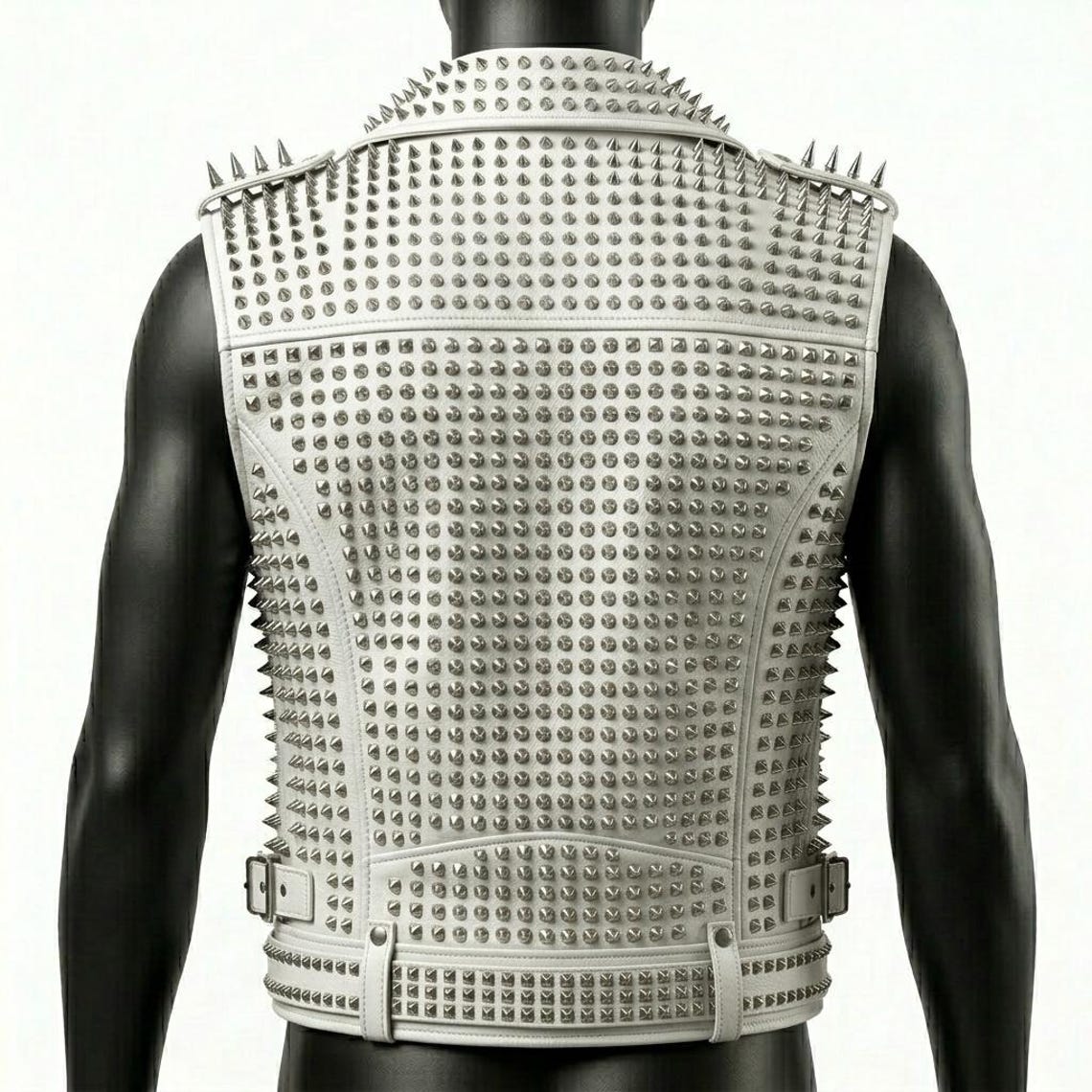 Back design of white studded leather biker vest for men