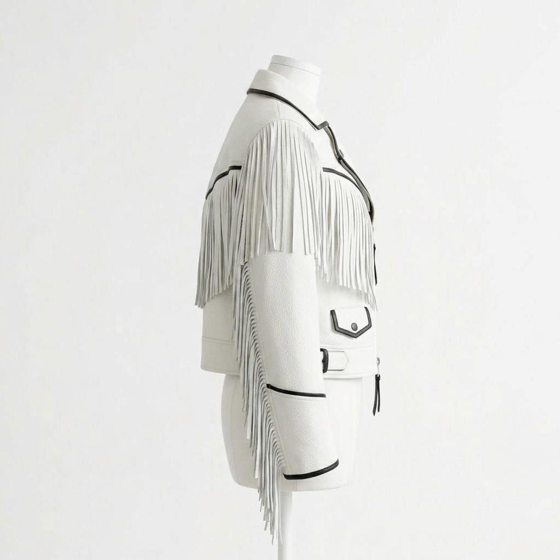 Side profile of white leather moto jacket with western fringe detail