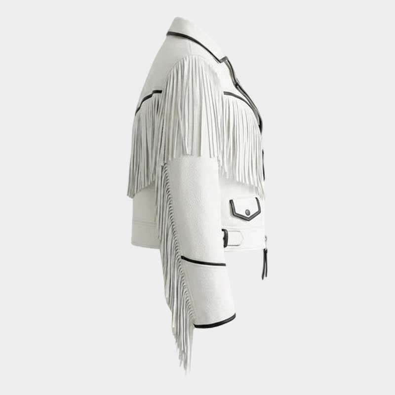 Side profile of white leather moto jacket with western fringe detail