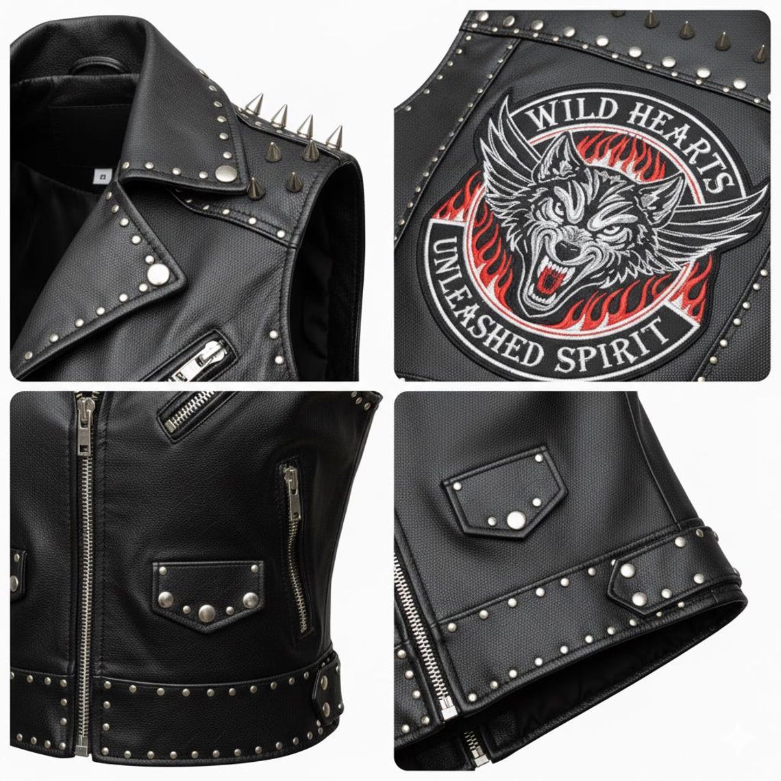 Close up of wolf back patch on women black studded leather biker vest