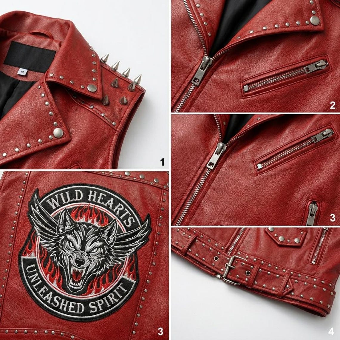 Close up side detail of spikes and studs on women red leather biker vest