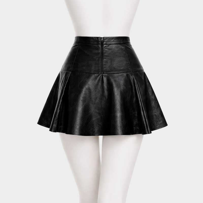 Women's Black Goat Leather Skater Skirt High Waist Mini