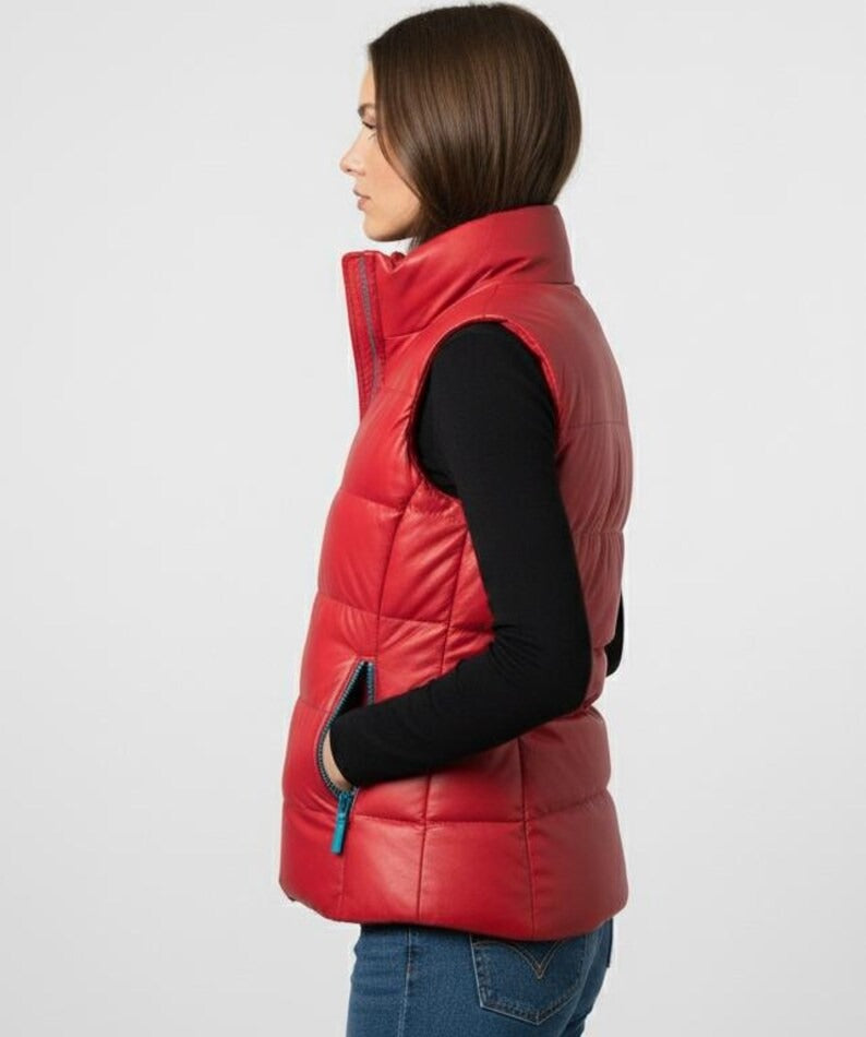 Women's Sleeveless Quilted Leather Puffer Vest