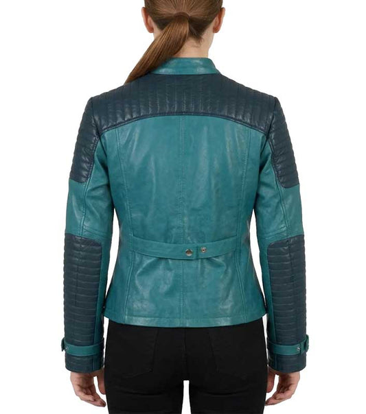 Women's Teal Real Leather Jacket with Quilted Shoulders Teal genuine leather biker jacket with a stand collar and snap-button strap.