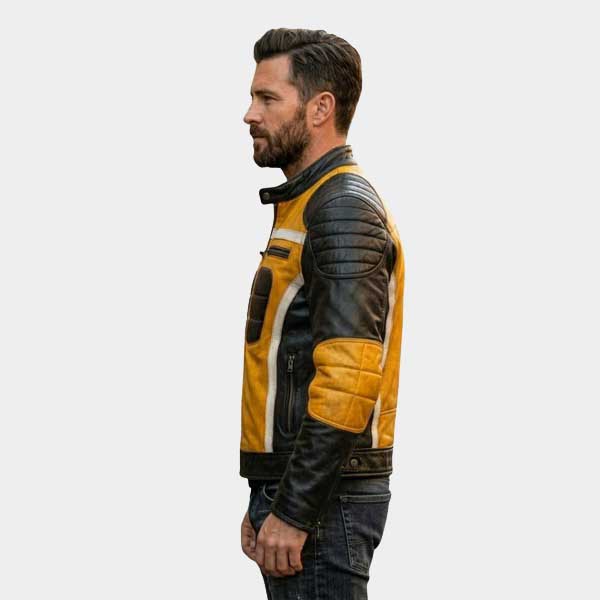 Men Yellow and Black Leather Biker Jacket Quilted Moto Racing Style