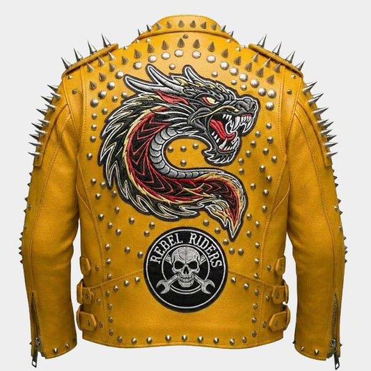 Yellow Spiked Moto Leather Jacket with Dragon Back Patch Yellow Spiked Moto Leather Jacket with Dragon Back Patch