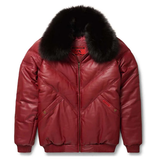 Men's Burgundy Leather V-Bomber Jacket