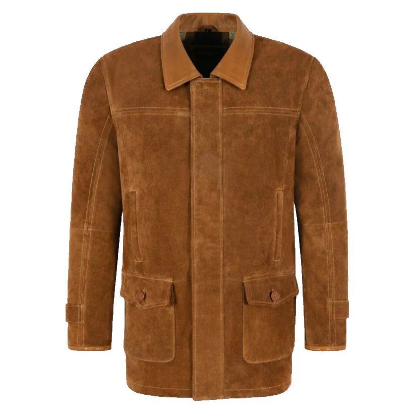 Urban Elegance Men's Tan Classic Suede Leather Car Coat