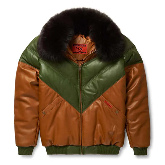 Fashionable Men's Brown & Green Leather V-Bomber Jacket