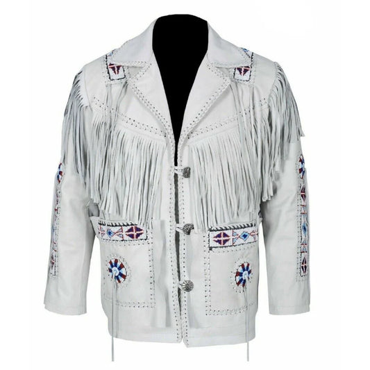 Men's Native American Western Cowboy Fringe & Beaded White Leather Jacket