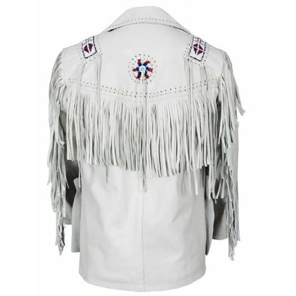 Men's Native American Western Cowboy Fringe & Beaded White Leather Jacket