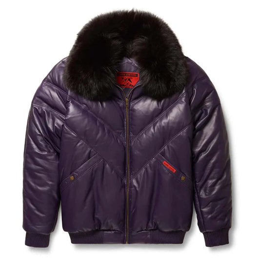 Stylish Men's Purple Leather V-Bomber Jacket