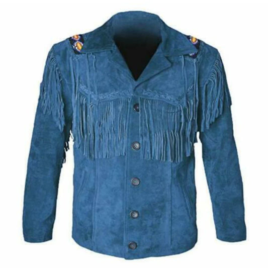Men's Native American Cowboy Leather Jacket with Fringe & Beads