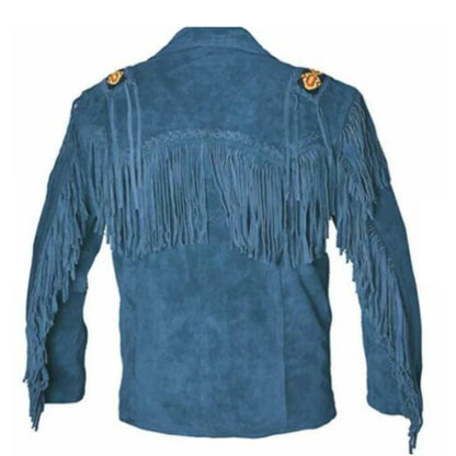 Men's Native American Cowboy Leather Jacket with Fringe & Beads