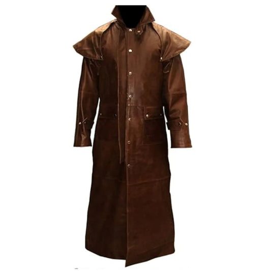 Men's Real Brown Leather Duster Coat