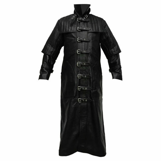 Men's Pure Black Leather Steampunk Trench Coat