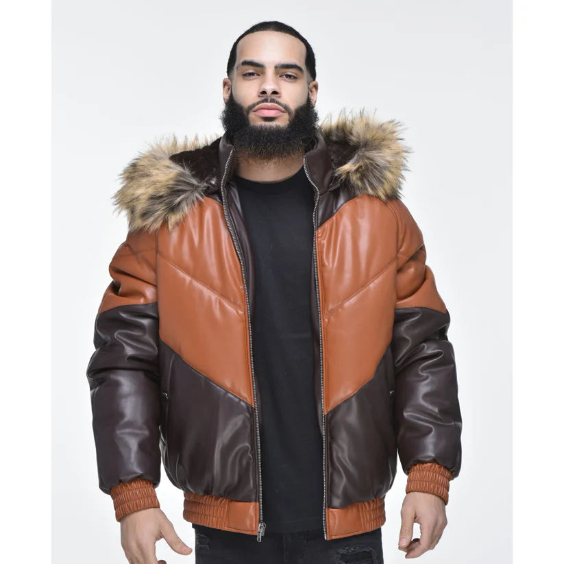 Men’s Faux Leather V Bomber Jacket with Detachable Faux Fur Hood