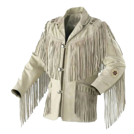 Western Men Cowboy Suede Jacket White Suede Leather Jacket