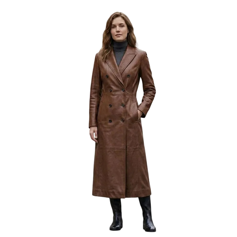 Brown leather trench coat front view with double breasted design
