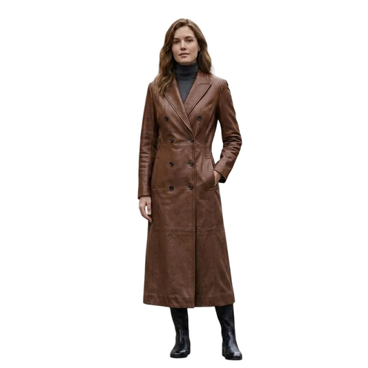 Brown leather trench coat front view with double breasted design