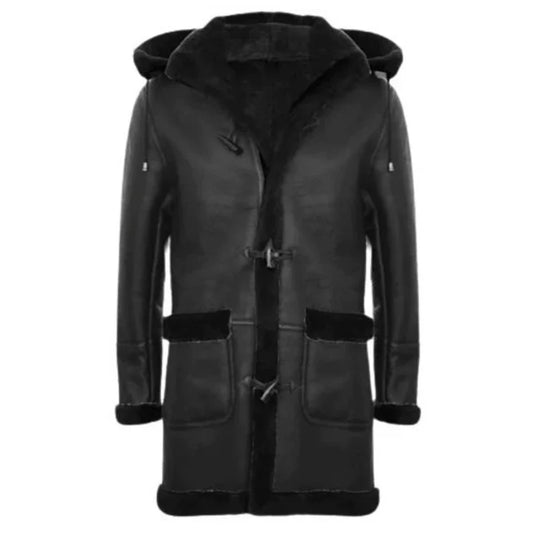 Shearling Long Leather Black Overcoat